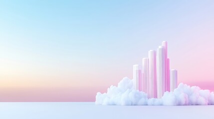 Fototapeta premium Pastel cityscape floating on a cloud. Soft, abstract, 3D rendered scene of columns rising on a fluffy white cloud, against a pastel sunrisesunset sky