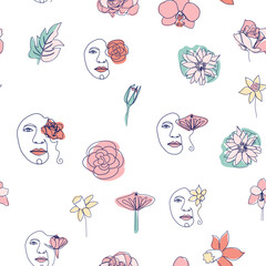 Woman face Continuous line seamless pattern. Abstract Female portrait with flowers. Drawing vector Wallpaper, fabric, wrapping paper, card, poster