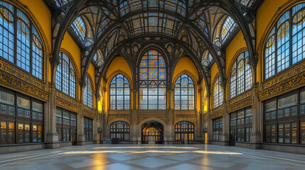Grand interior hall of a historic building with high arches.