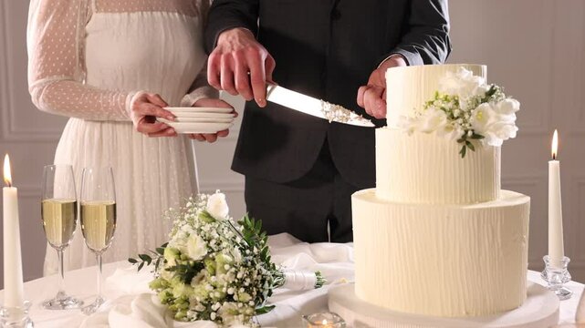 Groom cutting and taking piece of wedding cake while bride holding plates at table indoors, closeup