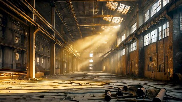Abandoned warehouse with broken windows and sunlight streaming through roof