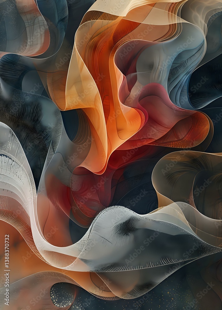 Poster abstract flowing waves in orange, blue and gray create dynamic movement and depth. smooth gradient t