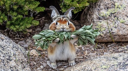 Pikas tawny fur color gathering monochrome alpine herbs mountain resilience