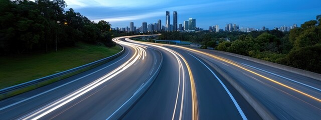 Obraz premium Car light trail: long exposure, city highway, vibrant streak, motion blur, glowing path, urban night, speeding vehicle, luminous effect, traffic flow, dynamic scenery.