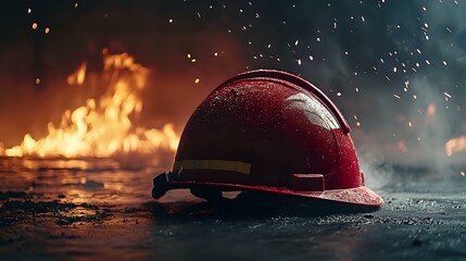 Red firefighter helmet on wet ground with flames and sparks in background, dramatic emergency scene portraying danger and heroism in first responder service.