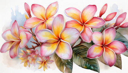 Obraz premium delicate watercolor plumerias in soft pink and yellow bloom on a white background a tropical botanical art piece