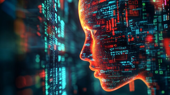 Digital human head profile with red and blue circuit patterns and data stream background design