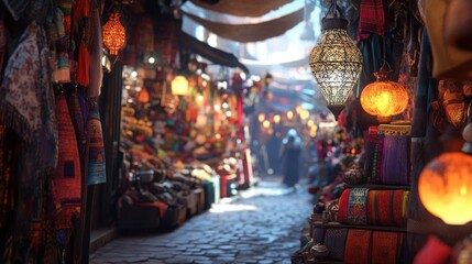 Obraz premium Exploring Vibrant Marketplace with Glowing Lanterns and Various Colorful Textiles