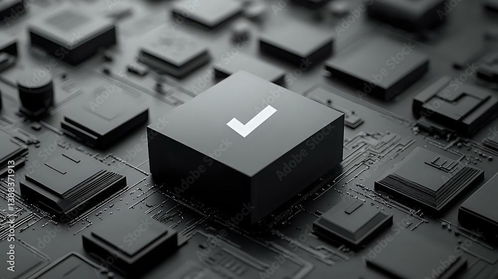 Poster monochromatic close-up of electronic microchip with glowing checkmark symbol on dark circuit board s
