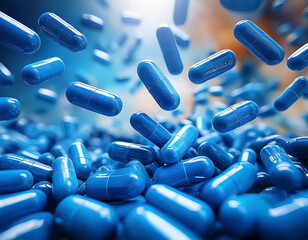 blue antibiotic capsules plummet a pharmacy backdrop blurred beneath captured in an aerial drone shot
