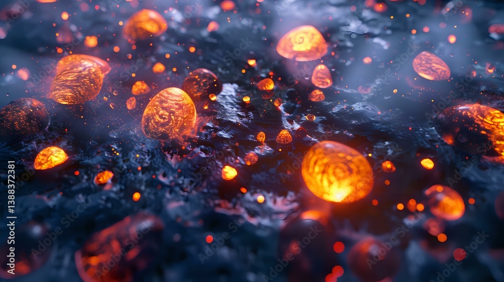 Poster glowing orange spheres with intricate patterns float mysteriously against dark smoky background crea
