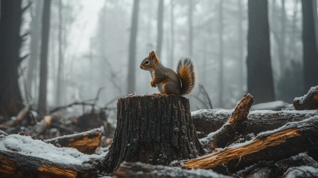Wild animal standing in forest with cut down trees. Animal lost natural habitat due to human activity.