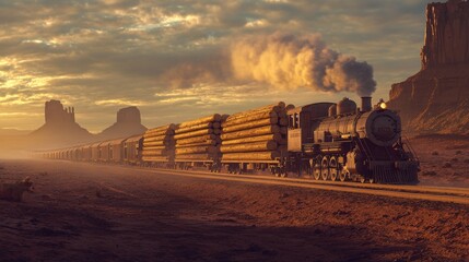 Cargo train transporting limber logs. Deforestation. Ecology. Environment conservation topic.
