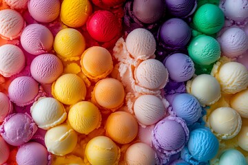 Fototapeta premium Colorful ice cream scoops in rainbow arrangement creating vibrant pattern of frozen dessert flavors, overhead view showing texture and variety of gelato colors.