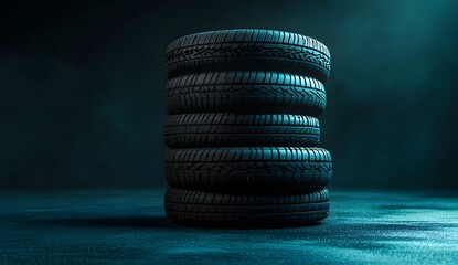 Stacked tires Five black tires arranged on top of each other on asphalt