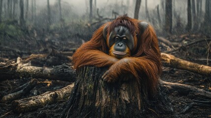 Wild animal standing in forest with cut down trees. Animal lost natural habitat due to human activity.