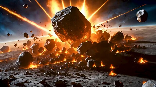 Fiery asteroid crashes into ground with explosion of debris and shockwaves