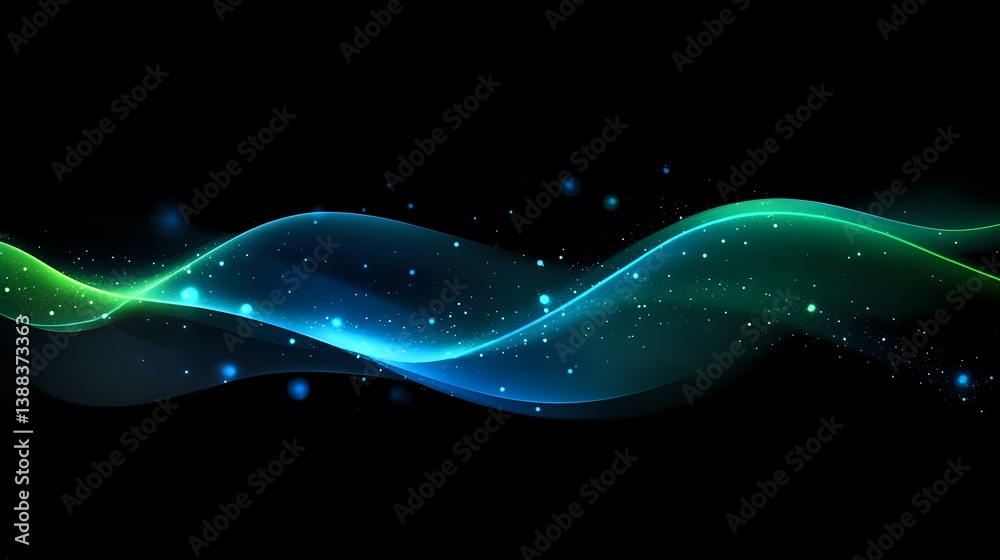Poster glowing turquoise and blue waves flow across dark background with sparkles and light effects creatin