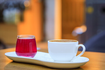 Traditional Turkish coffee and tea or chai at a restaurant in Istanbul, Turkey
