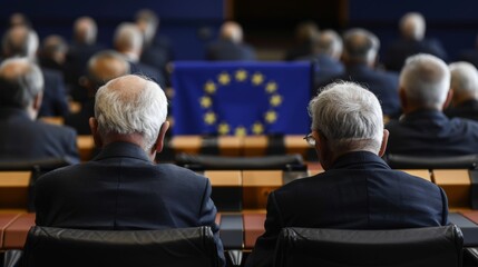 Fototapeta premium The EU Parliament features unrecognizable politicians with the European Union flag