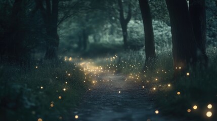 Mystical Forest Path Illuminated by Twinkling Lights and Enveloped in Mist