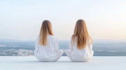 Fototapeta premium Two Women Meditating Serene Minimalist Style High-definition Soft Light Rear View Wide Shot Peaceful Posture Contemplation Urban Skyline Calm White Tones Perfect for Wellness Blogs