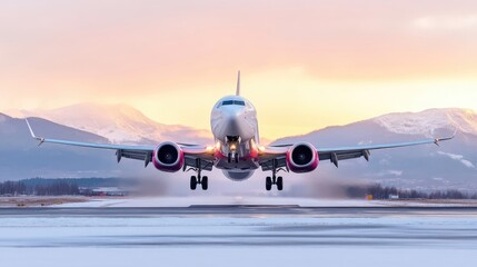 Obraz premium A Boeing 737 MAX airplane takes off, its pink accents contrasting against the snowy runway. The mountains form a scenic backdrop under a soft sunrise. The image is high-resolution, showcasing crisp d