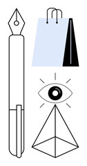 Fountain pen, shopping bag, eye with rays, and geometric pyramid outline. Ideal for creativity, vision, design, retail minimalism abstract thinking branding. Flat simple metaphor