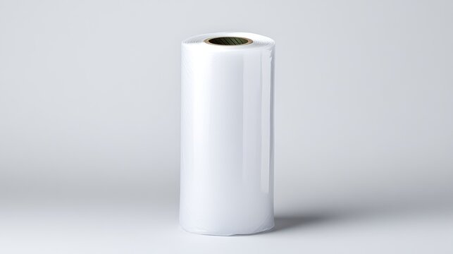 A roll of white plastic film stands upright against a light gray background. The roll is cylindrical, appearing smooth and opaque. The image is clean and simple, with good lighting and high resolutio