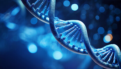 a detailed view of a blue dna strand framed by a dark blue background with a bokeh effect applied