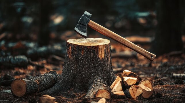 An axe on stump in forest with trees removed. Deforestation. Environment impact.