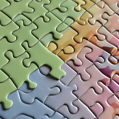Pastel jigsaw puzzle pieces close-up; abstract art background; hobby, leisure activity