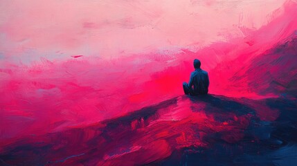 Fototapeta premium Painted Scene of a Person Sitting on a Cliff Edge Against a Fiery Red Sky, Evoking Contemplation and Serenity