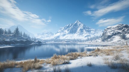 Snowy Mountain Landscape Reflection in Lake on Sunny Winter Day