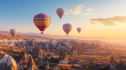 Fototapeta premium Hot Air Balloons Over Cappadocia Landscape at Sunrise with Clear Sky