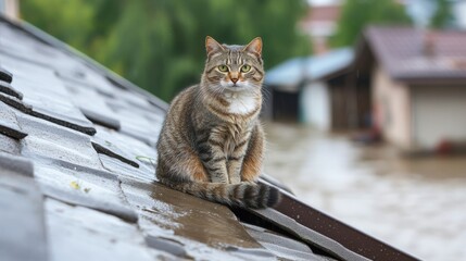 A pet victim of flood disaster is waiting to be rescued. Sad.