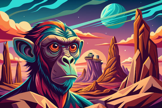 Future Monkey portrait on an alien rock formation under a strange colored sky, monkey banner