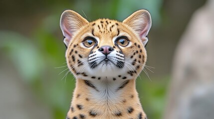 Obraz premium A high-resolution image shows an adorable ocelot looking upward. Its fur is a blend of tan, black, and white spots. The background is softly blurred, suggesting a natural outdoor setting. The lightin