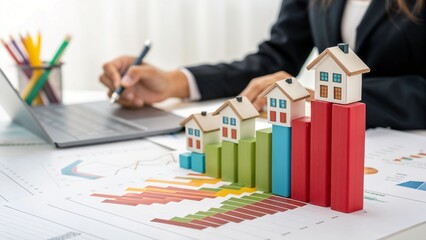 Property market growth chart with miniature houses and businesswoman