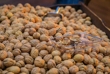 Bulk walnuts in shell for sale at an Istanbul bazaar market in Istanbul, Turkey