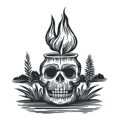 Obraz premium Skull with Flame Emerging from Top Surrounded by Greenery and Trees