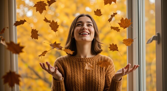 Cheerful young woman with brown hair enjoying autumn leaves falling around her, smiling joyfully while sitting indoors by the window with vibrant autumn foliage in the background - Powered by Adobe