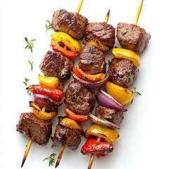 Beef Kebab Grilled Peppers And Onions Celebrates Summer Barbecue Flavors on isolated background.