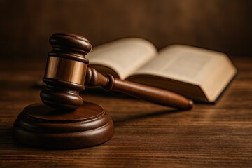 Obraz premium A wooden gavel resting on a wooden surface beside an open law book.