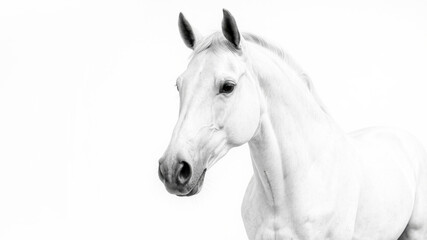 Obraz premium White horse in high-key black and white closeup with calm and attentive expression