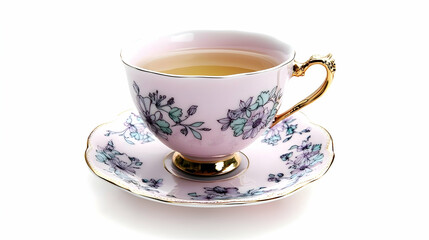 Pink floral teacup and saucer with tea, isolated on white background; perfect for food blogs, websites or tea packaging