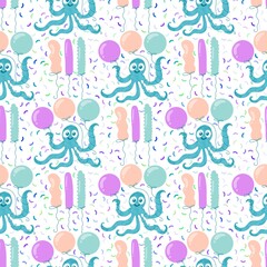Fototapeta premium Summer ocean animals seamless octopus birthday pattern for wrapping paper and fabrics and linens and kids