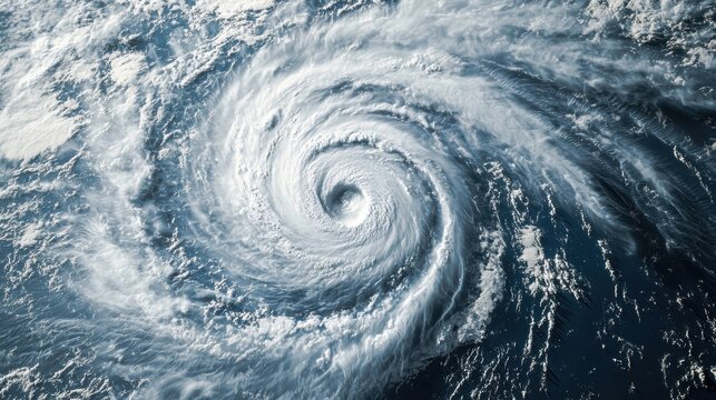 Satellite image of hurricane storm cloud viewed from space.