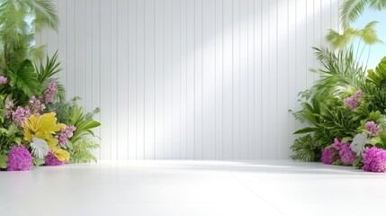 A serene white wall framed by vibrant tropical flowers and lush green foliage, bright sunlight casting shadows, and creating a tranquil outdoor scene.