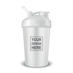 Vector Realistic 3D White Empty Glossy Metal Shaker Bottle With White Cap for Fitness Sports Nutrition Supplement Workout Hydration Closeup Isolated. Packaging Mockup Design Template